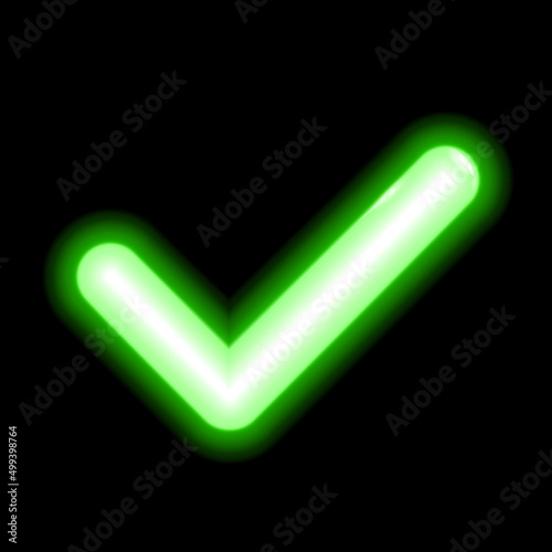 Green neon lamp checkmark icon, tick symbol. Vector