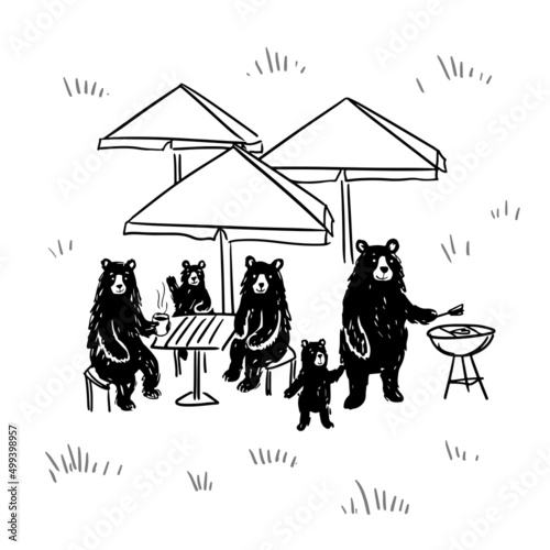 The bear family is preparing a barbecue.