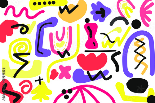 Colorful lines, circles and dots abstract background, intangible shapes background with white backdrop, yellow pink purple black colored geometric pattern, complex and irregular forms