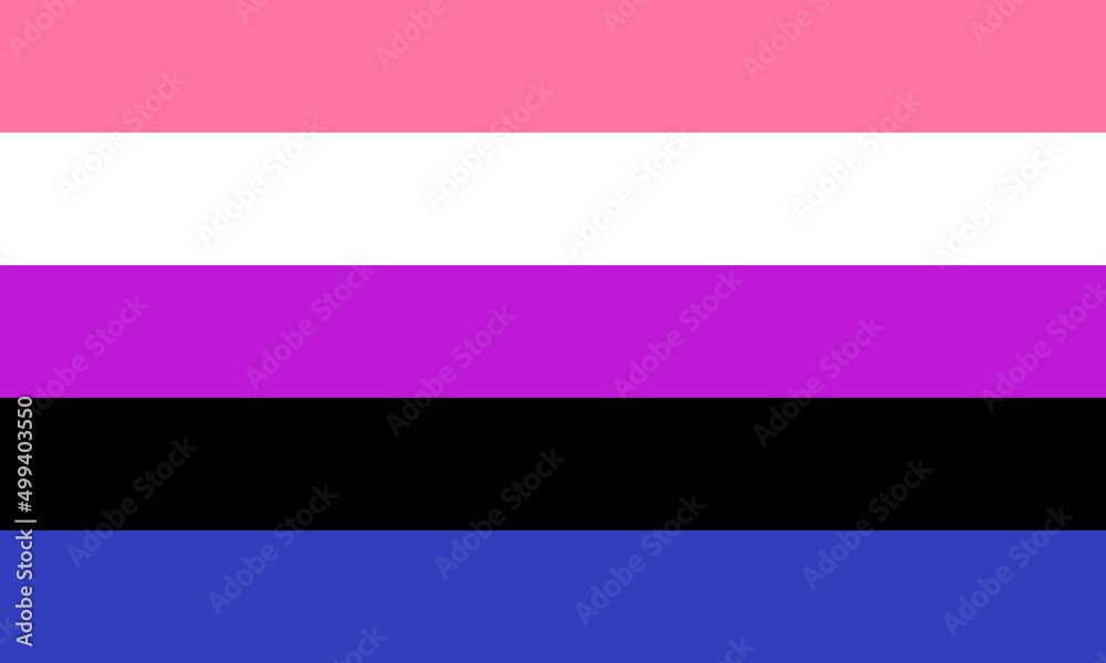 Genderfluid Pride Flag - horizontal stripes, pink - femininity, blue - masculinity, purple - both masculinity, femininity, black - lack of gender, white - all genders. LGBTQ symbol