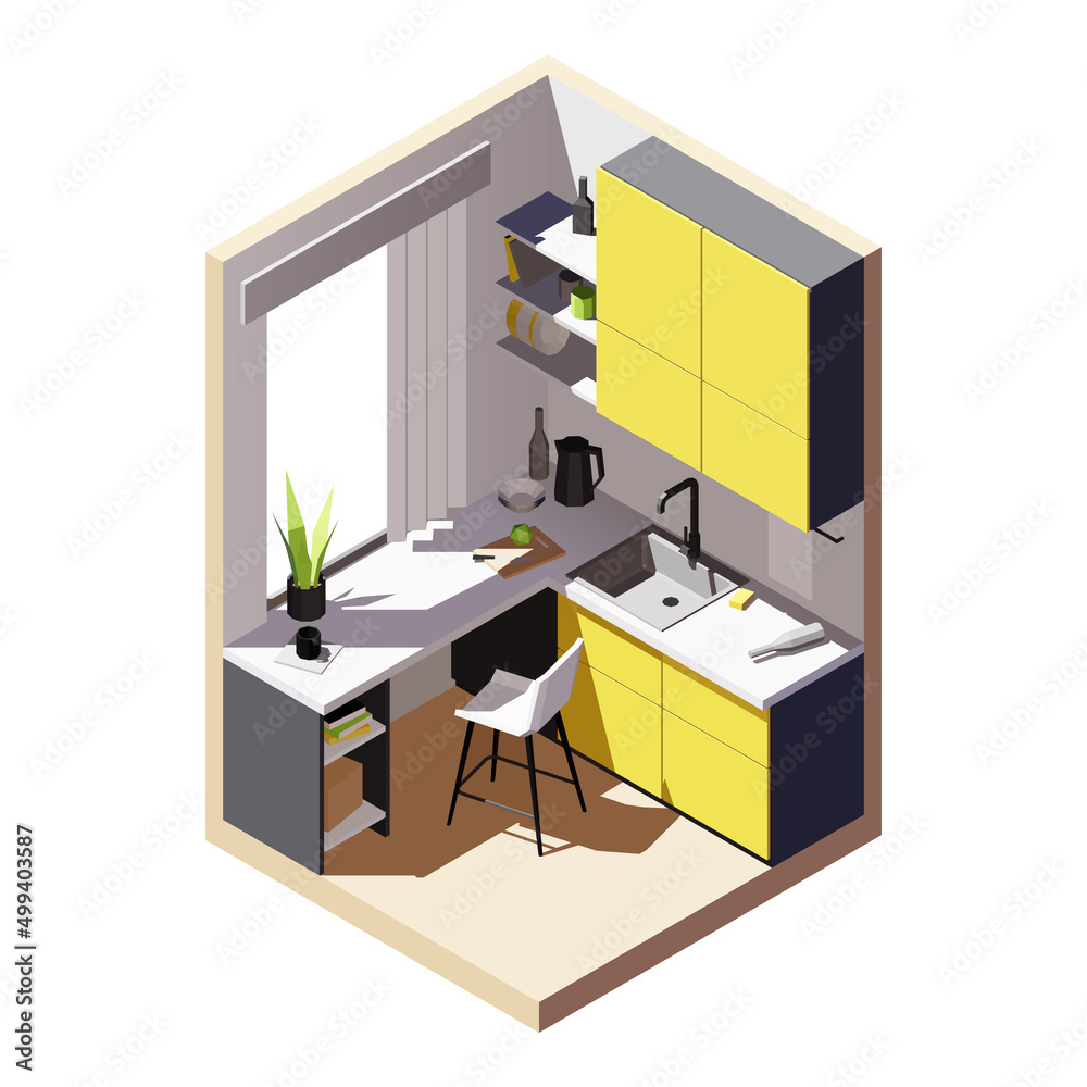 Isometric low poly yellow kitchen. Vector illustration Isometric low poly yellow kitchen. Vector illustration