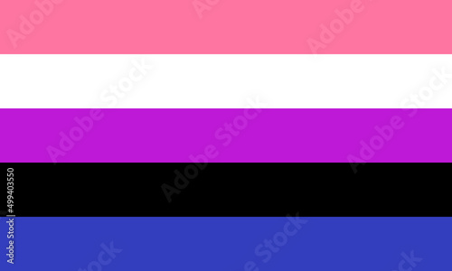 Genderfluid Pride Flag - horizontal stripes, pink - femininity, blue - masculinity, purple - both masculinity, femininity, black - lack of gender, white - all genders. LGBTQ symbol