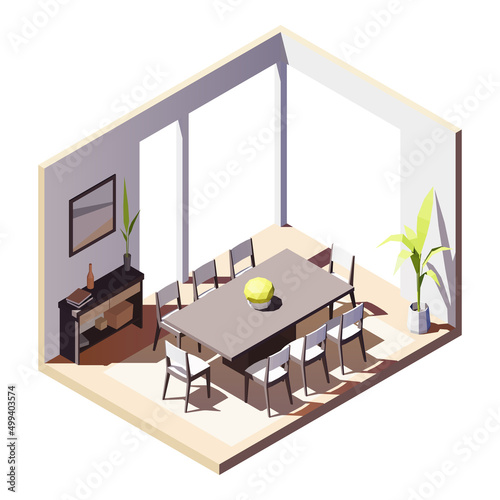 Isometric low poly  dining room. Vector illustration