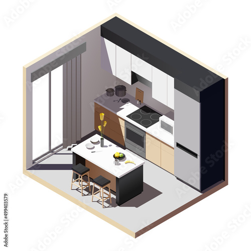 Isometric low poly black and white kitchen. Vector illustration
