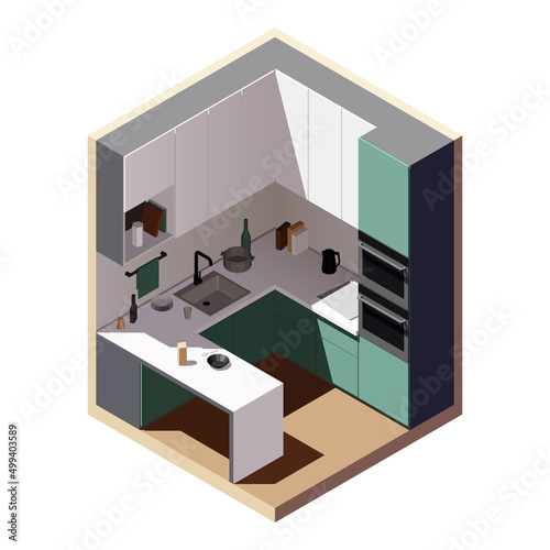 Isometric low poly green and white kitchen. Vector illustration