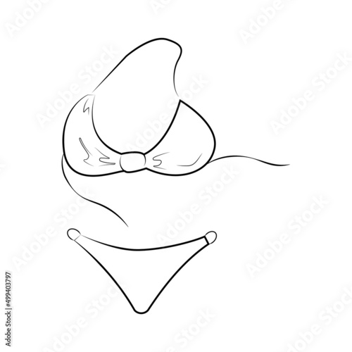 Hand drawn bikini. Sketch of a women's swimsuit for summer vacation on the beach. Black outline on a white background. Vector