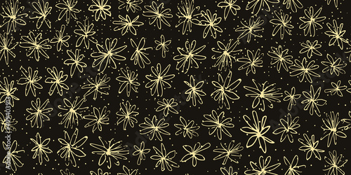 Hand-drawn horizontal floral background. Seamless floral pattern in doodle style. Sketch golden flowers on a black background. Ideal for wrapping paper, fabric, home textiles