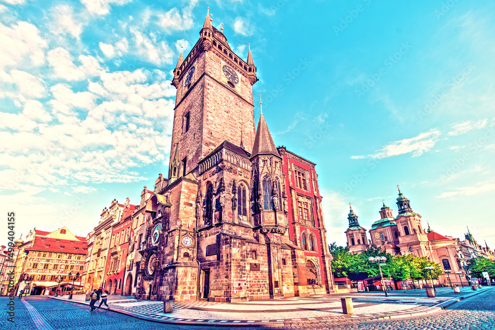 fascinating magical beautiful landscape on the central square of Prague, Czech Republic with clock tower. amazing places. popular tourist atraction