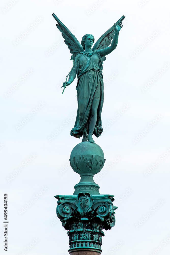 Statue of ancient goddess Victoria (Nick) with palm branch in hand at Langelinie Park in Copenhagen, Denmark.