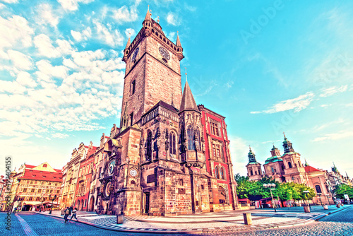 Obraz na płótnie fascinating magical beautiful landscape on the central square of Prague, Czech Republic with clock tower. amazing places. popular tourist atraction w salonie