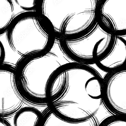 Abstract seamless pattern. Repeat brush strokes backdrop. Repeated black circle on white background. Grunge line texture. Repeating geometric round for design prints. Abstract bg. Vector illustration