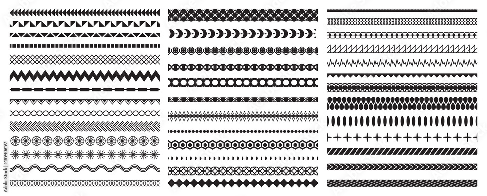 Seamless geometric decorative line borders and ornate brushes. Vintage abstract frame waves, cross, rombs and circles. Illustration. Fashion ornament patterns vector set