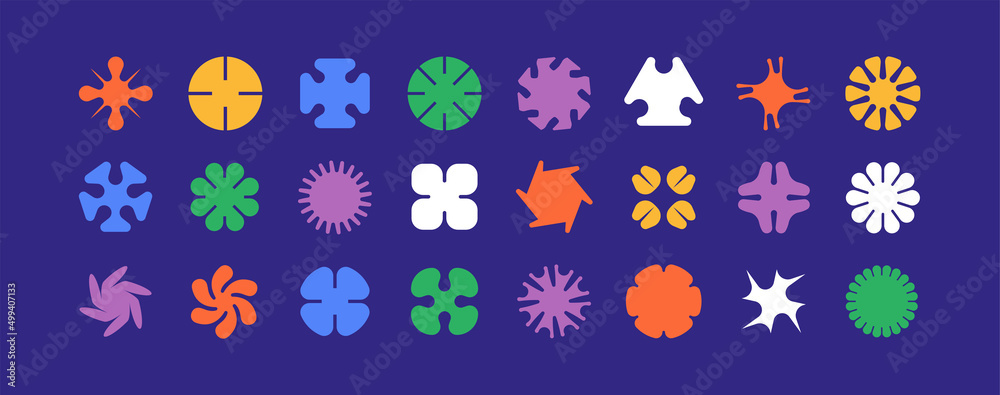 Set of simple vector objects in a modern style, contemporary figures of the sun, flowers and stars, square and round shapes, linear with strokes and full - obrazy, fototapety, plakaty 