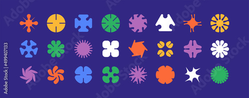 Set of simple vector objects in a modern style, contemporary figures of the sun, flowers and stars, square and round shapes, linear with strokes and full
