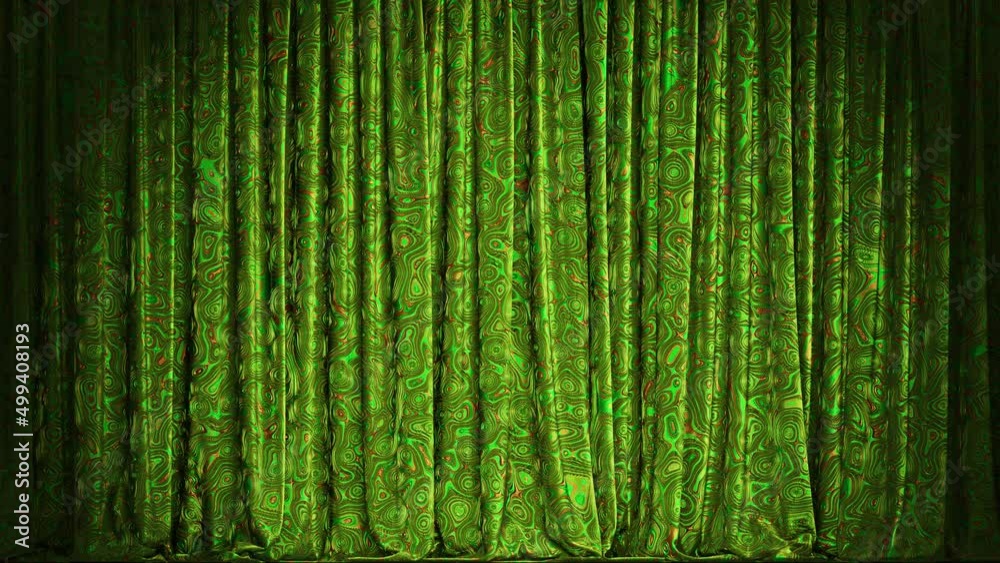 Realistic 3D animation of the stylish and fancy green metallic shining textured stage curtain rendered in UHD with alpha matte