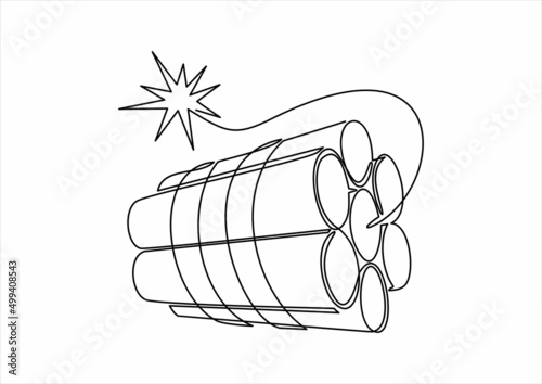 Continuous one line drawn dynamite line icon TNT with a burning wick linear illustration