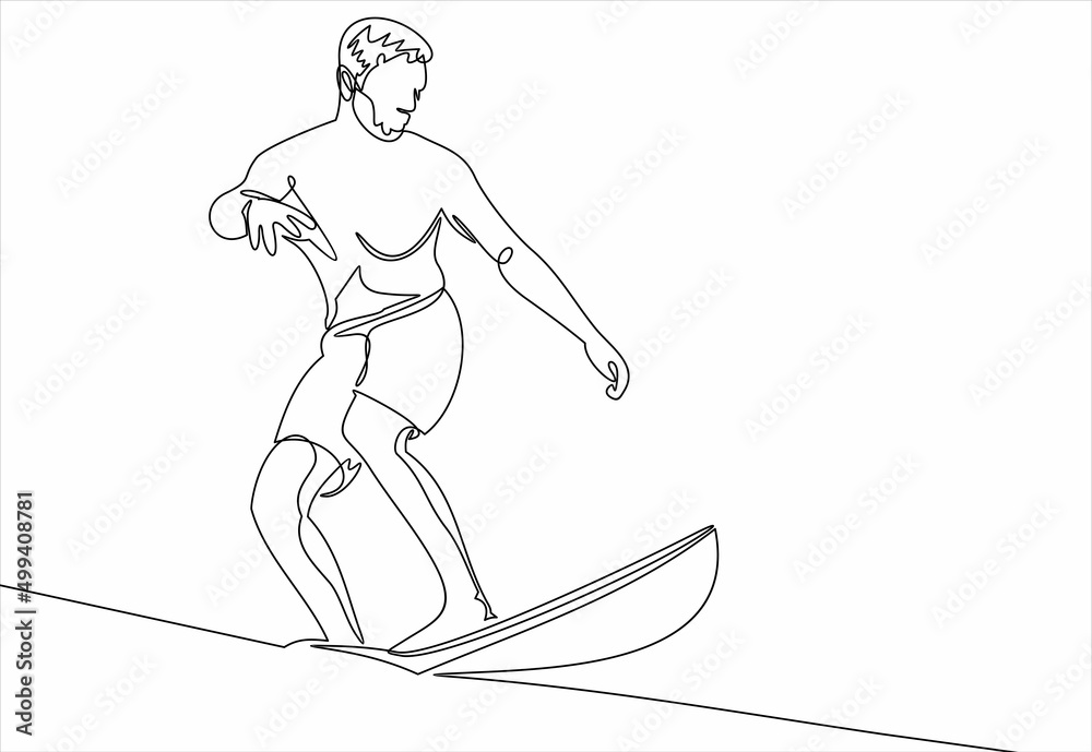 Single continuous line drawing young professional surfer