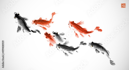 School of koi carps on white background. Traditional oriental ink painting sumi-e, u-sin, go-hua. Translation of hieroglyph - well-being