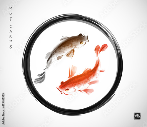 Two koi carps in black enso zen circle. Traditional oriental ink painting sumi-e, u-sin, go-hua. Symbol of good fortune, success and prosperity. Hieroglyph - well-being