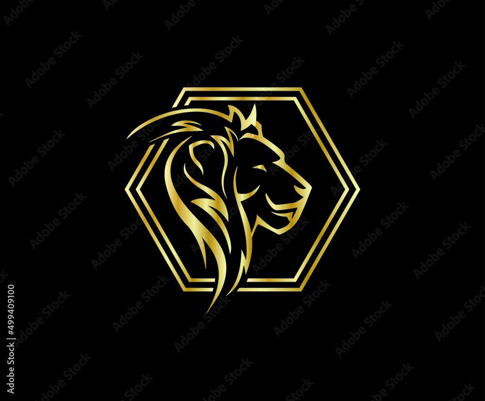 Gold lion logo with hexagon shape