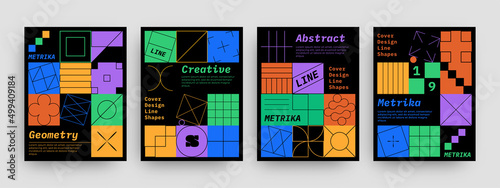 Set of colorful vertical a4 line posters with thin stroke and geometric simple figures  square shapes. In a modern minimalist style.