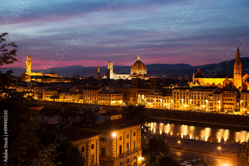 Beautiful landscape above, panorama on historical view of the Florence from Piazzale Michelangelo point. Evening time. Italy.