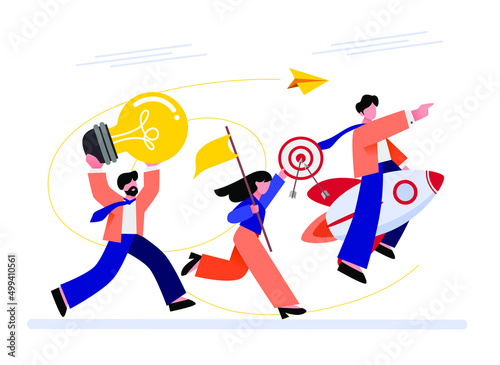 Entrepreneurship, think and develop new idea, organize and launch new innovation product, startup or start new company, business people holding winner flag, rocket ship, lightbulb idea and target plan