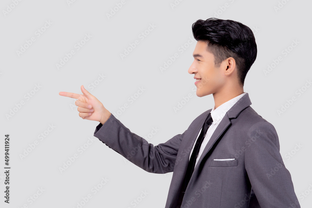 Portrait young asian business man pointing and presenting isolated on white background, advertising and marketing, executive and manager, male confident showing success, expression and emotion. Portrait young asian business man pointing and presenting isolated on white background, advertising and marketing, executive and manager, male confident showing success, expression and emotion.