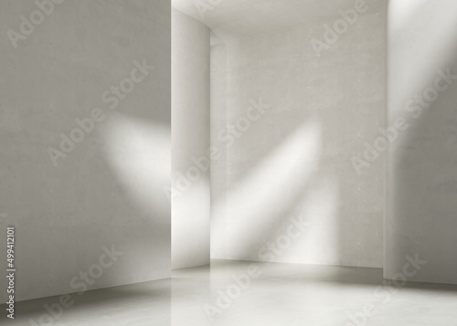 Fototapeta Naklejka Na Ścianę i Meble -  3d minimalistic white interior, space with sunshine and shadows. 3D rendering illustration mock up.