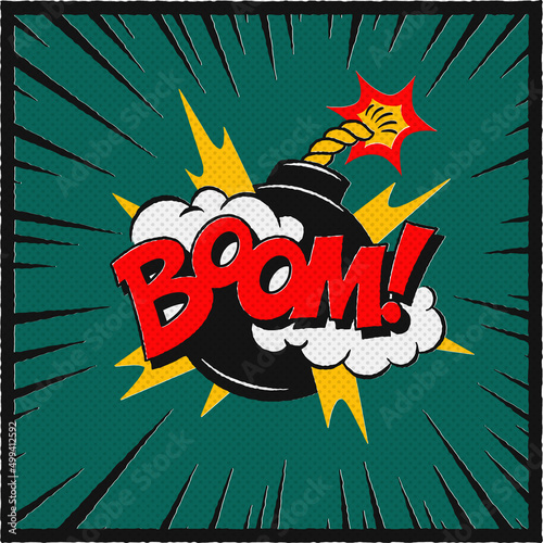 BOOM vector illustration. Bubble bomb in pop art style. Comic vector illustration of a bright and dynamic comic book image of dynamite in retro style on a green background.