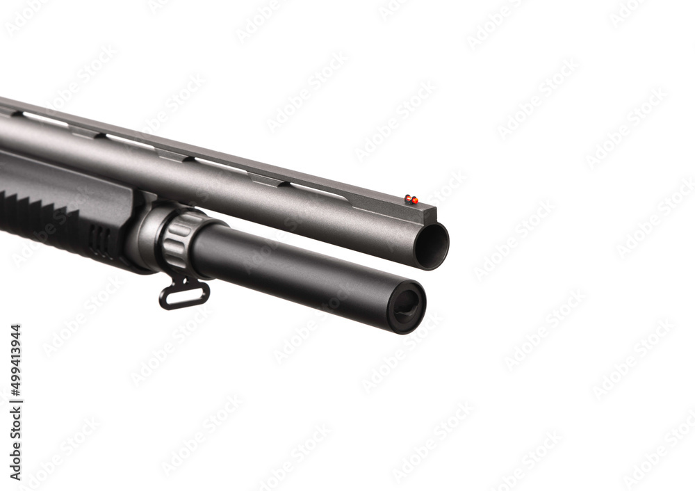 Pump-action 12 gauge shotgun isolated on a white back. Close-up shot of part of a shotgun. A smooth-bore weapon with a plastic stock. Pump-action 12 gauge shotgun isolated on a white back. Close-up shot of part of a shotgun. A smooth-bore weapon with a plastic stock.