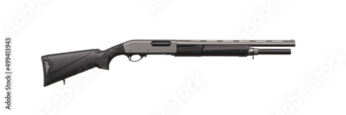 Pump-action 12 gauge shotgun isolated on a white back. A smooth-bore weapon with a wooden stock. © solidmaks