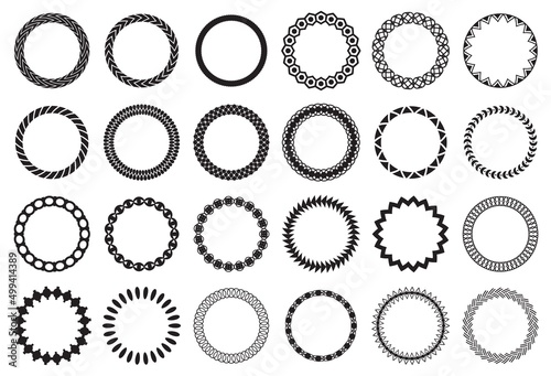 Round frames with decorative borders. Vintage circle ornament for wedding or anniversary invitation card decoration. Printing seals decor vector set