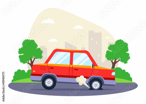 a car had a flat tire on the highway. problem on the road. flat vector illustration.