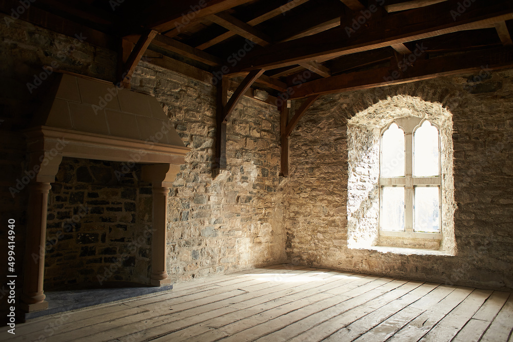 Obraz premium Old, medieval room of Swords Castle Is A Historic building That Is Located in Swords, Dublin, Ireland. Travel place landmark.