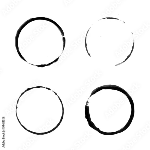 Coffee cup circle black vector stains. Round ring grunge stain. Wet cup mark and splatter. Black ink circle stains. Bottle glass or water drink marks