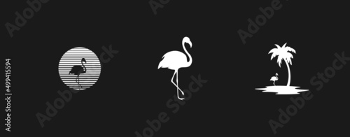 Set of retrowave design elements. Striped sun with flamingo silhouette, flamingo, island with palm tree and flamingo. Pack of retrowave 1980s style design elements. Vector