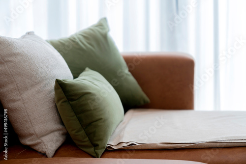 Fényképezés close up decorative pillow cushion arrange with pattern on soft beige sofa couch