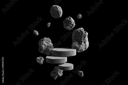 abstract display podium rock stone asteroid float outer space galaxy product stand cosmetic skin care advertising planet dark black concept universe stars cosmos. clipping path. 3D Illustration.