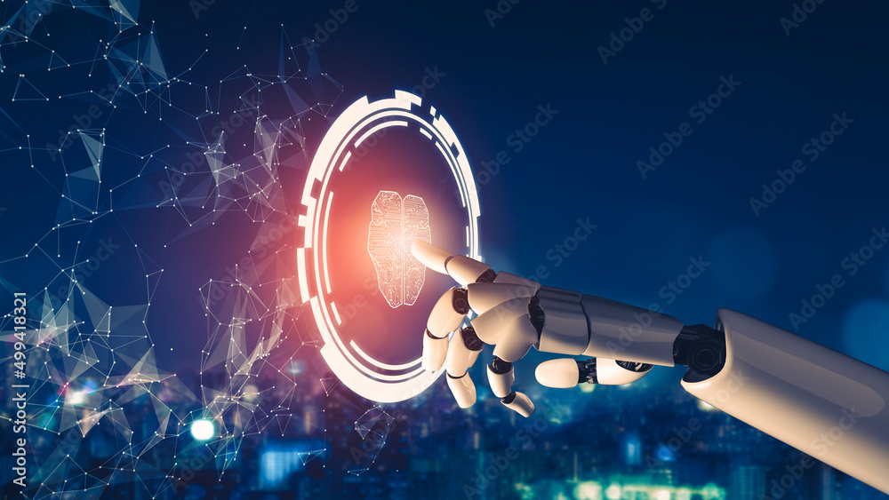 3D rendering futuristic droid robot technology development, artificial ...