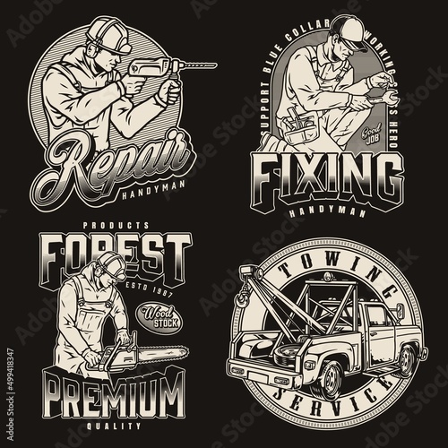 Working class monochrome emblems set