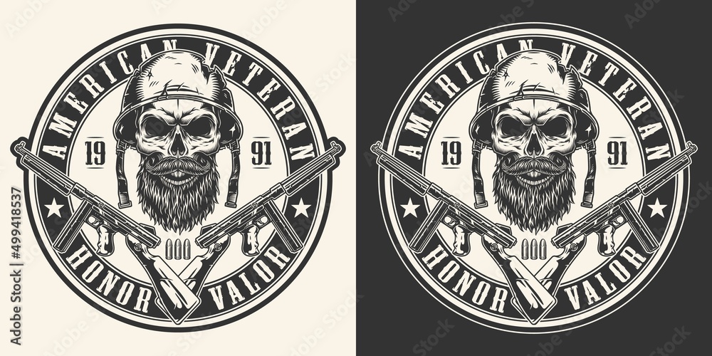 Military skull monochrome vintage label
