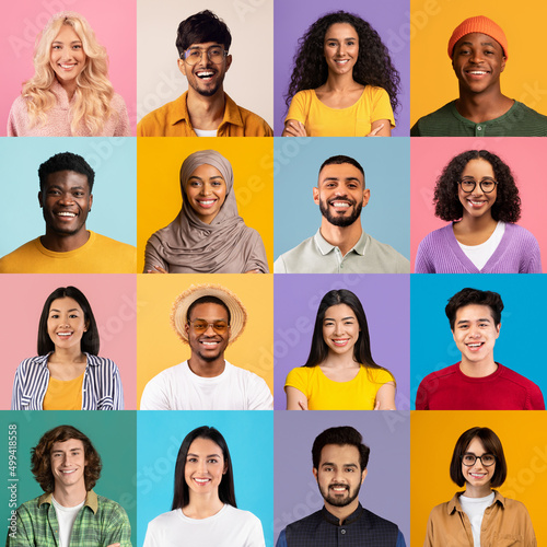 Фотография Mosaic of closeup photos of smiling young people different nationalities