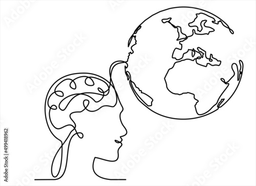 Peace brain concept. Continuous one line drawing of human head with globe inside. Think world.