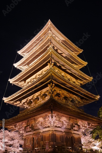 Night View, Five-story pagoda of Toji Temple and Sakura, Cherry Blossom in Kyoto, Japan - 日本 京都府 東寺 五重塔 桜 夜景	