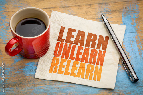 learn, unlearn, relearn - word abstract on a napkin with a cup of coffee, continuous learning, education and personal development concept photo