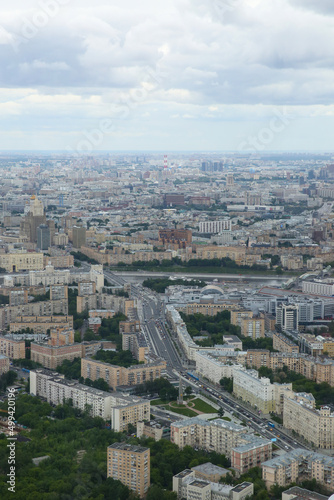 Aerial view of city Moscow in summer. Form from the observation platform of the business center of Federation Tower Moscow City. Photography from a height of 374 meters.