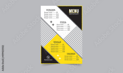 Restaurant menu card design, fast food vector menu in sketch style business flyer design, restaurant menu with hand drawn juice, drinks, fast food  in A5 size