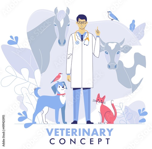 Veterinary concept with livestock animals, pets and doctor in vet clinic.