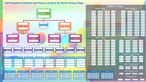 Sport fixture and result template for final round 32 teams group stage competition and match day schedule plan with colorful background. Vector EPS10
